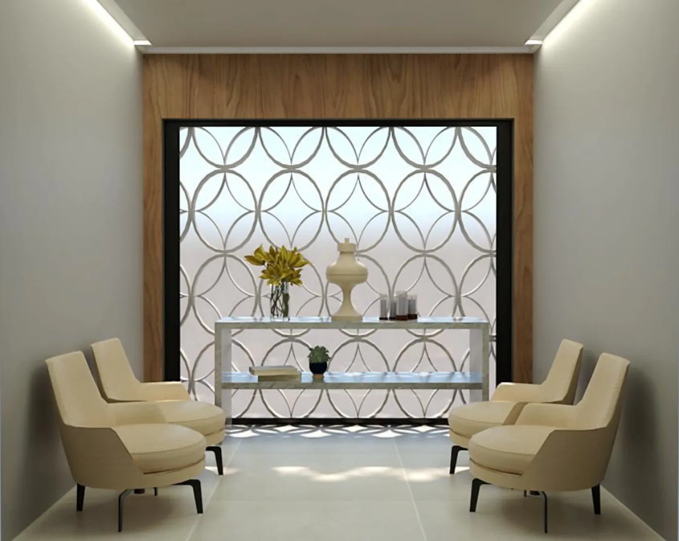 Sala de homenagens com poltronas claras, painel de madeira e flores